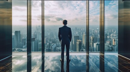 A businessman standing in a modern office with his hands in his pockets, looking out the window at a city skyline.