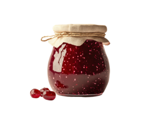 Glass jar of red fruit preserve with a linen top.
