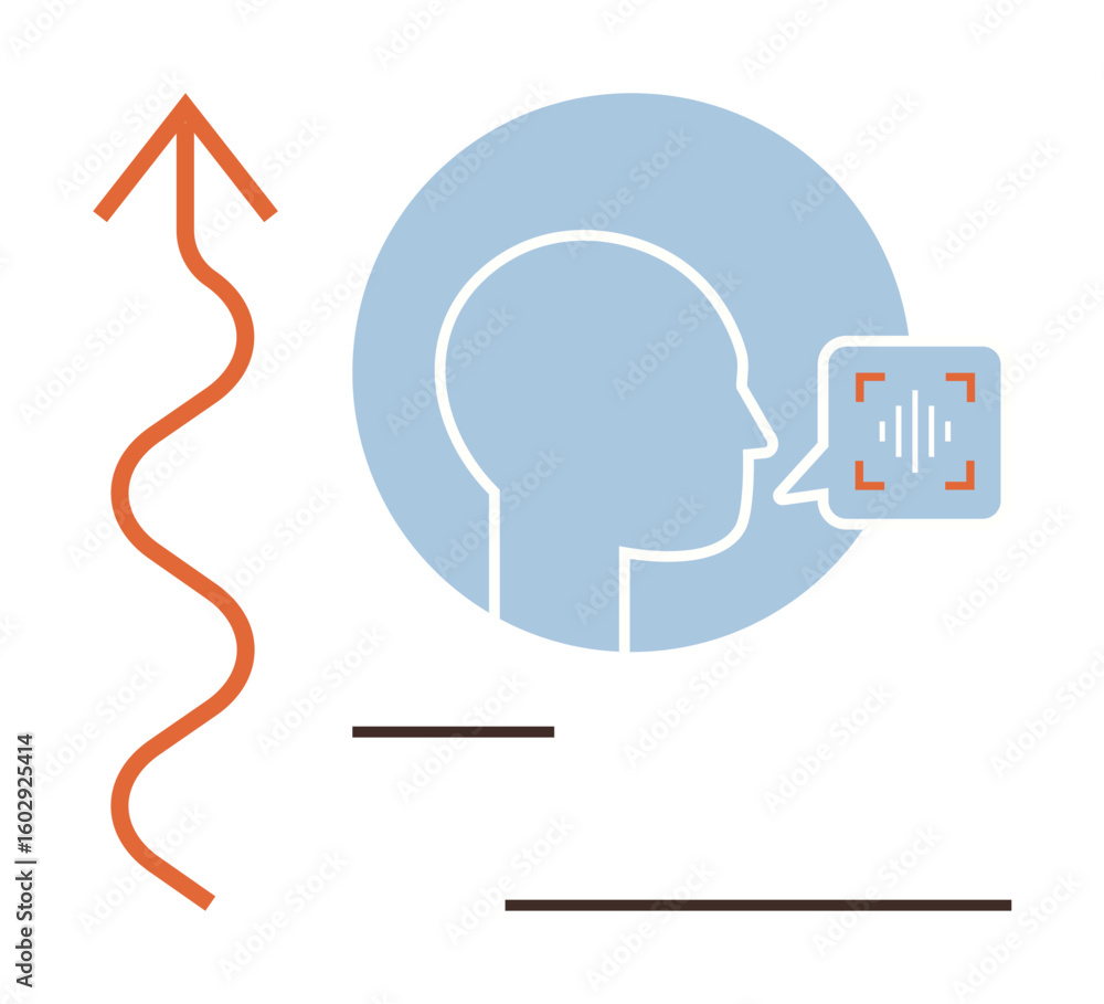 Poster human profile speaking with audio waveform symbol, dynamic arrow and lines representing communicatio