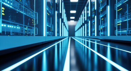 Abstract perspective of illuminated servers reflecting on polished floor under blue lighting.