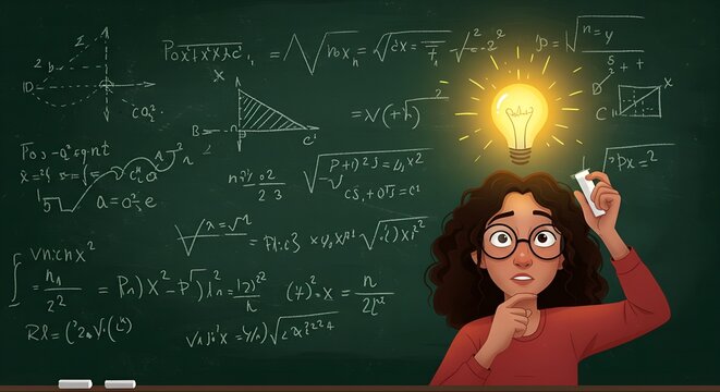 Smart student having brilliant idea under lightbulb solving math problems on chalkboard background