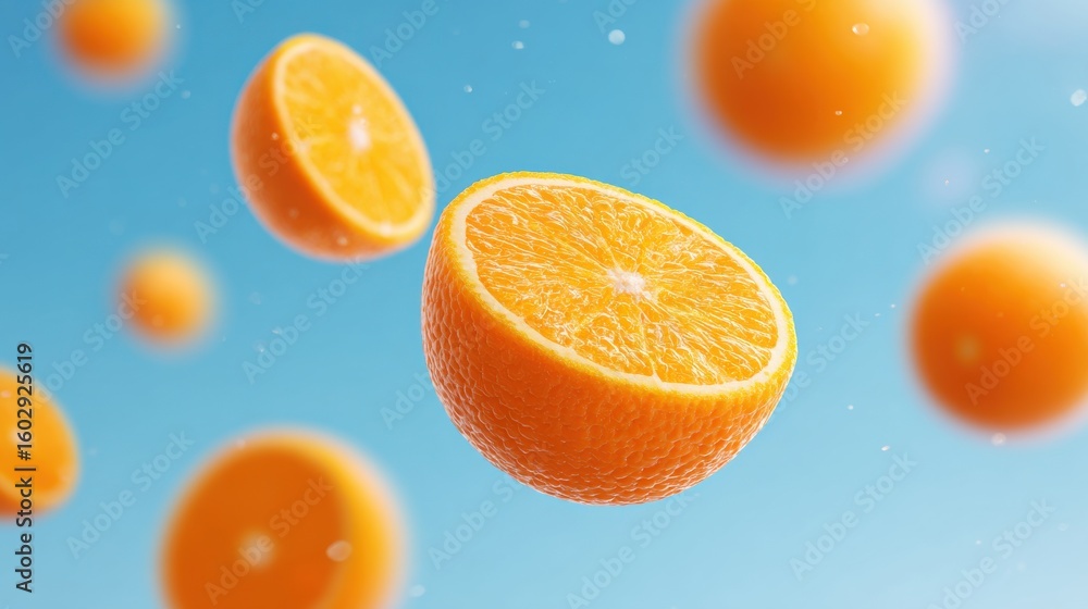 Poster a close up of an orange with a slice missing