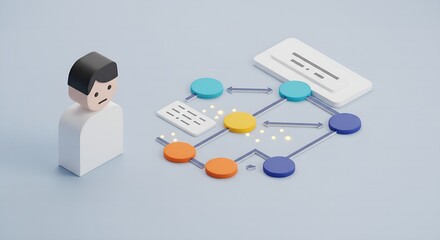 Frustrated character facing complex flowchart represents project management challenges and bottlenecks