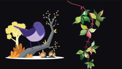 Cute robin sitting on a tree branch & A branch of many shades of green vector
