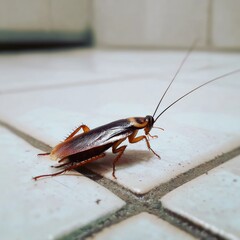 Close-Up View of a Cockroach Crawling on Bathroom Floor Tiles
