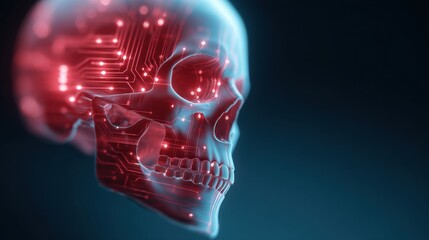 A skull with a red face and a blue background