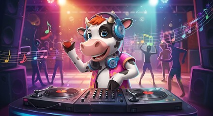 Joyful cartoon cow DJ spins beats at vibrant party, people dancing energetically to music