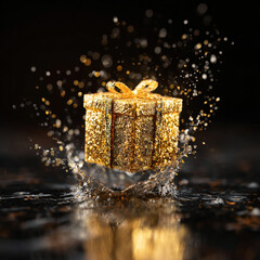 Golden Gift Box with Liquid Gold Splash on Dark Background