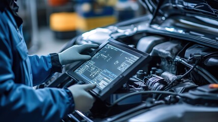 A mechanic uses a diagnostic tablet to check a car engine's performance with advanced software in an automotive repair shop.