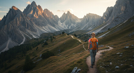 Female hiker walking along alpine trails with the jagged peaks of the Dolomites in the background
