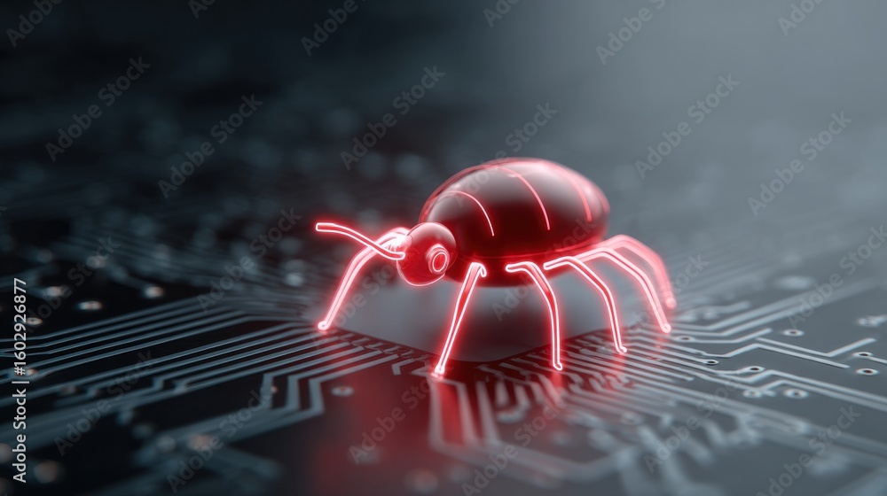 Poster a red bug is on a black computer chip