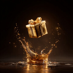 Golden Gift Box with Liquid Gold Splash on Dark Background