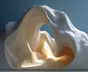 the image showcases a sculpture that resembles a stylized mountain range. the sculpture has a smooth, layered texture with a neutral color palette of whites and soft yellows