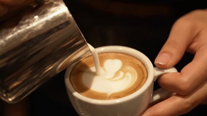 Barista pours milk into coffee cup for latte art creation close up professional hands crafting a beautiful heart design on warm beverage delicious morning drink - Powered by Adobe