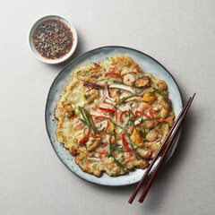 Seafood Pancake and soybean sauce.
