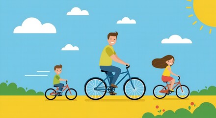 Fototapeta premium Joyful family enjoys a sunny day cycling together through a vibrant park landscape.