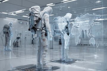 High-tech border control checkpoint with AI surveillance cameras, biometric scanners, and holographic world map overlay, minimal human silhouettes with backpacks, clean futuristic environment.