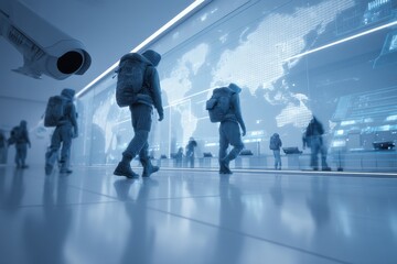 High-tech border control checkpoint with AI surveillance cameras, biometric scanners, and holographic world map overlay, minimal human silhouettes with backpacks, clean futuristic environment.