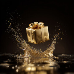 Golden Gift Box with Liquid Gold Splash on Dark Background