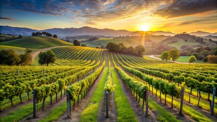 Naklejka premium A vineyard landscape at sunset with rows of grape vines and rolling hills in the background view