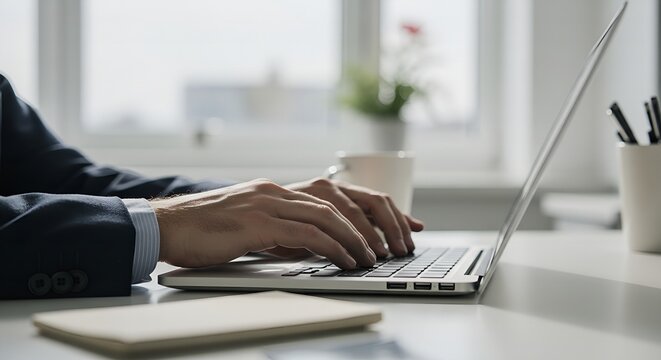 Focused businessman typing on laptop, working diligently in modern office with natural light - Powered by Adobe