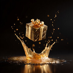 Golden Gift Box with Liquid Gold Splash on Dark Background