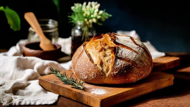 Rustic Sourdough Bread on Wooden Board with Rosemary and Cozy Ambiance Decor