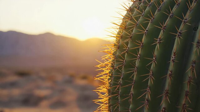 Close-up of cactus needles backlit by the golden hour sun as it sets.