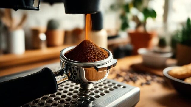Cozy Kitchen Espresso Freshly Ground Coffee in Portafilter with Machine