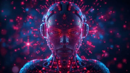 AI Video Games. Futuristic cyborg woman with glowing neon blue and red