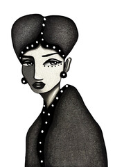 Artistic female portrait with stylized headwrap and dotted accessories, grayscale fashion character with earrings and vintage expression, transparent PNG for modern design, editorial, branding, decor 