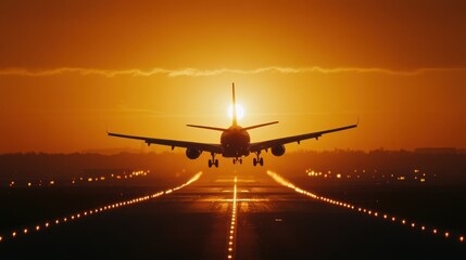 Airplane approaching runway during golden sunset with sun in background and glowing lights