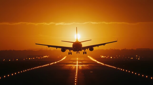 Airplane approaching runway during golden sunset with sun in background and glowing lights
