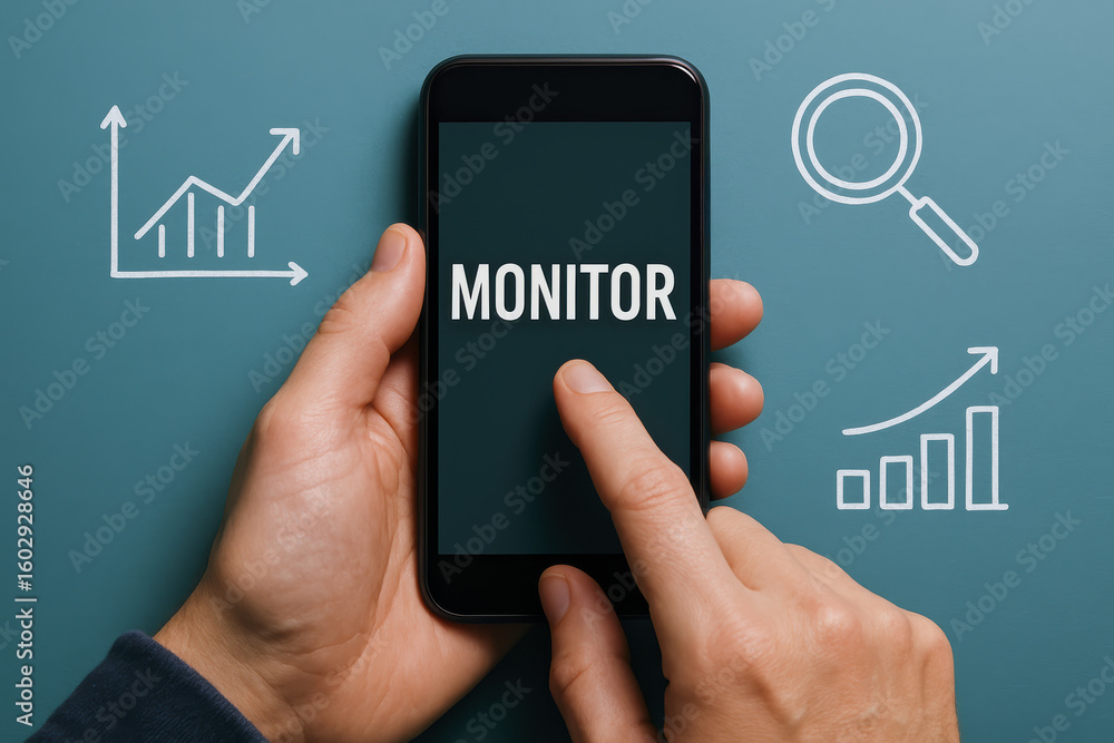 Aufkleber monitor data search technology and analytics with scroll on phone screen against a teal background