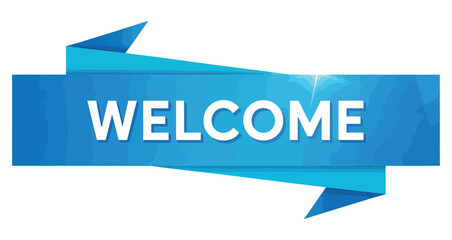 Blue ribbon-style “WELCOME” banner with bold white text and gradient shine effect, perfect for events, announcements, or greeting visuals