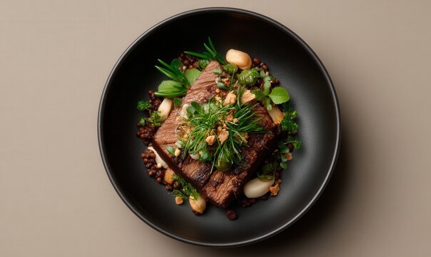 Chicatana ant mole and slow-roasted short rib served on obsidian plate, cacao nibs delight