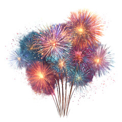 Vibrant bursting fireworks display with multiple colorful explosions against a dark sky isolated on transparent background