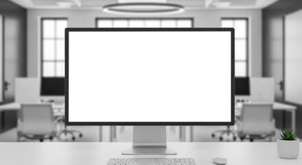 A modern office workspace with a computer monitor and keyboard on a white desk.