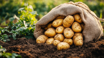 Freshly harvested potatoes in burlap sack on soil in lush green field