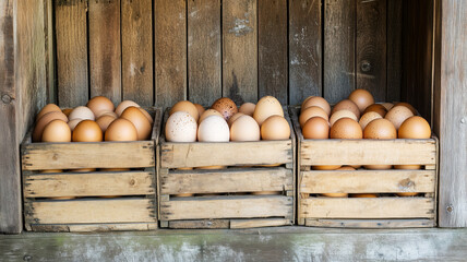 Fresh brown and speckled eggs displayed in rustic wooden crates