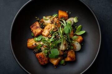 Autumn's bounty on display caramelized pumpkin and greens in a dark bowl by Mark Best