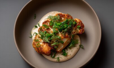 Roasted cauliflower steak by Eyal Shani, a culinary delight served on a ceramic plate