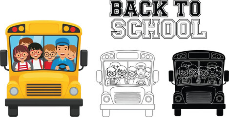 Back to school bus vector illustration with happy kids and driver for education design