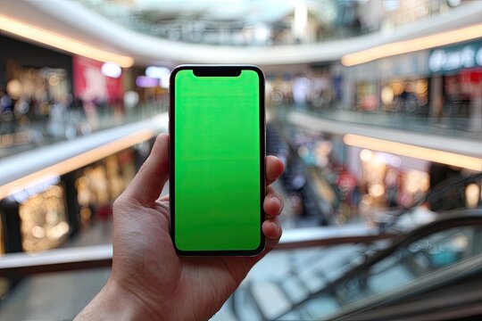 Smartphone with a green screen, held in hand, in a busy mall