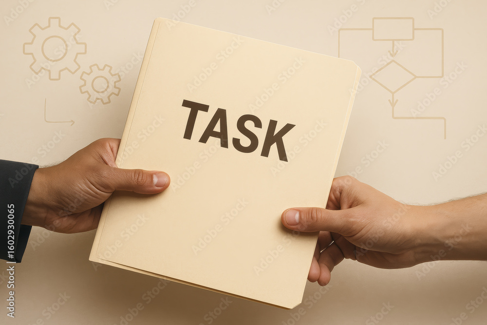 Poster task and business teamwork collaboration through smooth workflow process to pass responsibilities