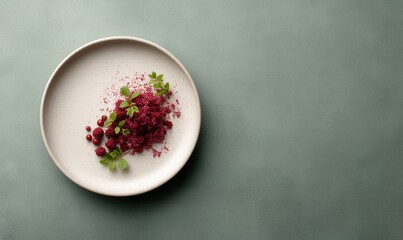Reindeer moss dish with mushroom powder and lingonberry gel on a stone plate