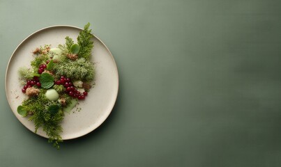 Delicate presentation of reindeer moss with mushroom powder and lingonberry gel on stone plate