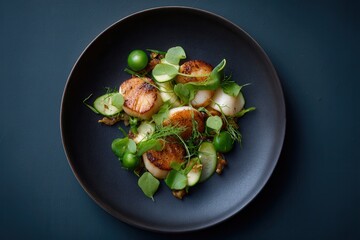 Charcoal-dusted scallops with pickled cucumber spheres on a stylish black plate