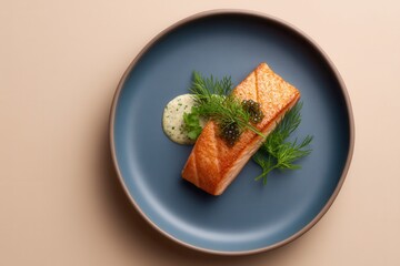 Malmstrm Arctic char garnished with dill gel and caviar on a cobalt plate