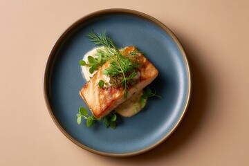Cobalt plate with Arctic char, dill gel, and caviar on beige background